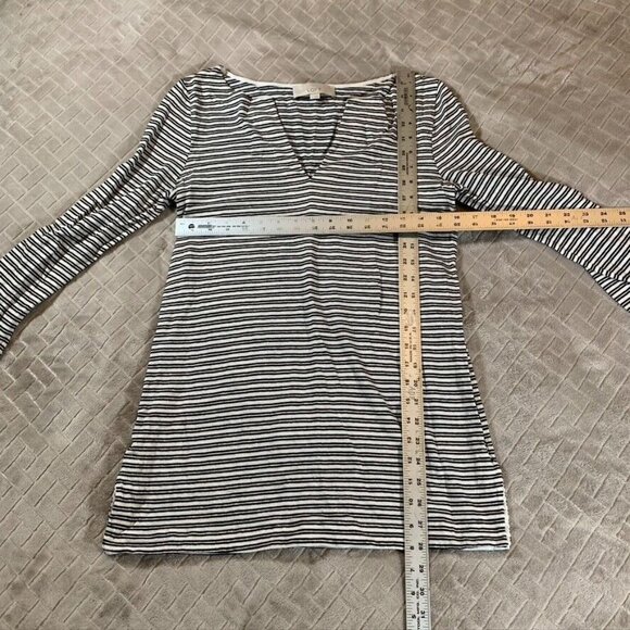 Ann Taylor Loft Womens M Tunic Top Black White Striped Linen Blend Long Sleeve - Picture 2 of 6
